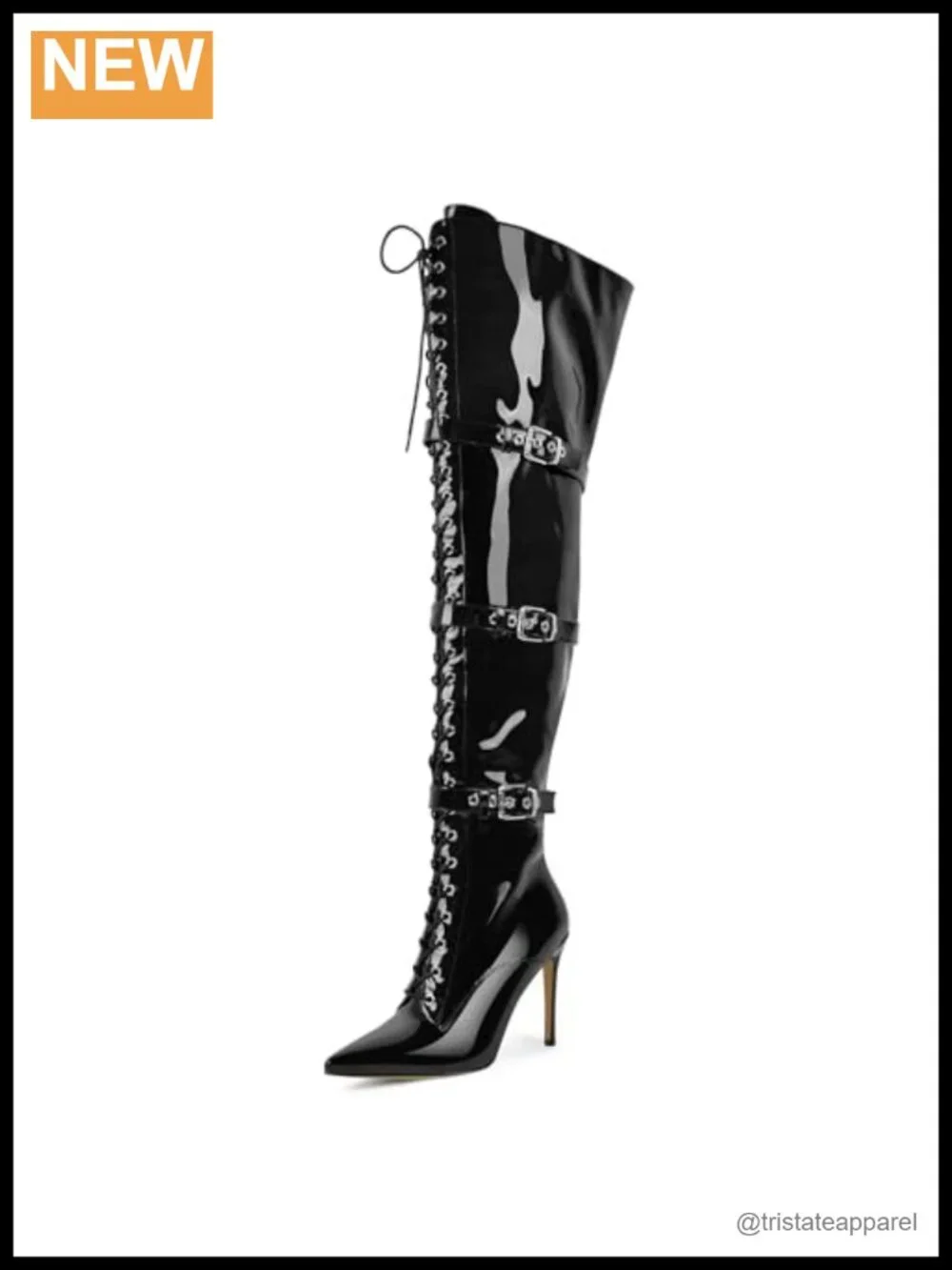 Thigh High Stiletto Boots Pointed Toe Adjustable Laces Metal Buckles Zipper